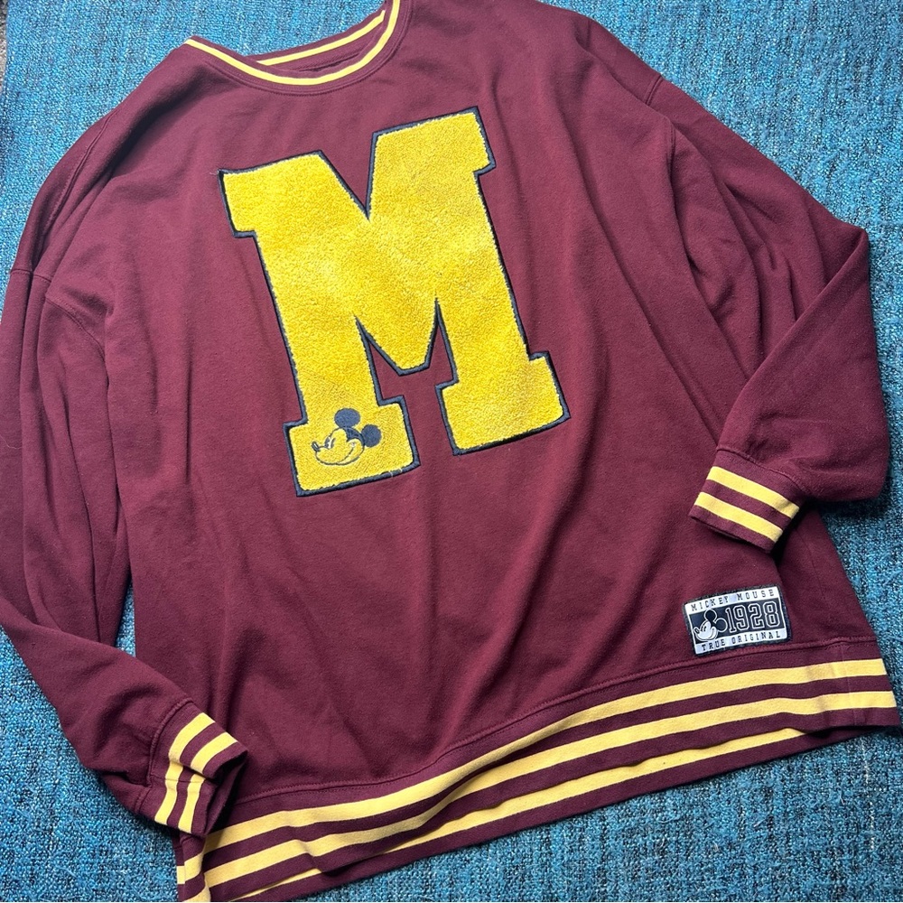 Disney Mickey Mouse Big M Varsity Crewneck Sweatshirt in Maroon Yellow